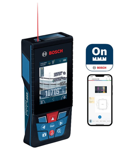 Bosch GLM400CL laser measure next to smartphone with Bosch app; screen shows angles and measurement data with red laser beam.