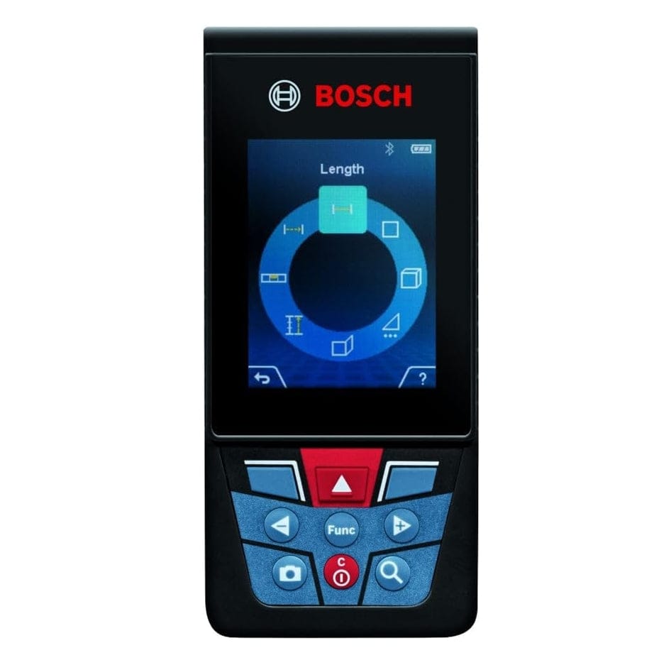 Bosch laser measure screen showing circular menu of measurement modes; "Length" mode selected with control buttons below.