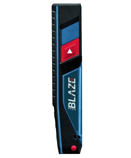Bosch BLAZE laser distance measurer with black and blue casing and red activation button; compact handheld design.