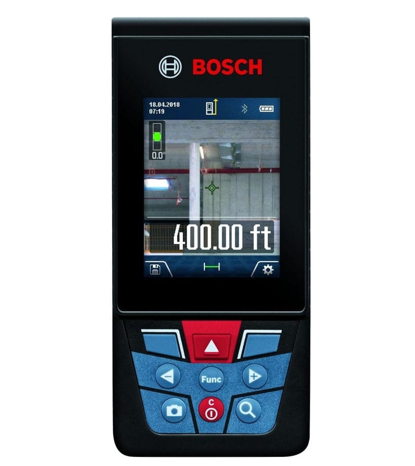 Close-up of Bosch GLM400CL screen showing 400.00 ft measurement with camera crosshairs and control buttons below display.