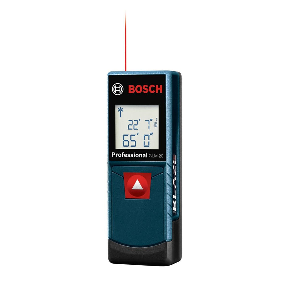 A three-quarter studio photograph of the blue and black Bosch GLM 20 Professional laser distance measure tool, featuring a bright red laser beam emitting vertically from its top edge, an active LCD screen displaying measurements, and a central red triangular power button against a clean white background.