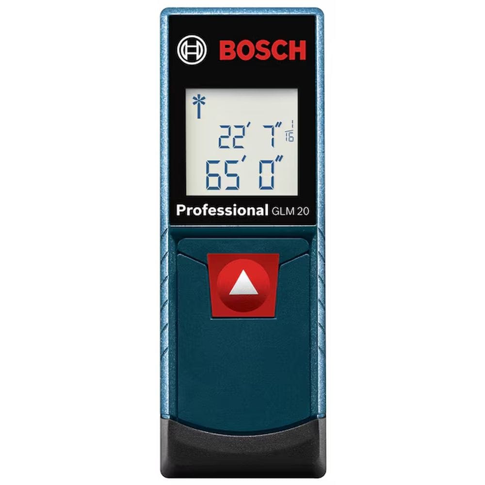 A direct front view of the handheld Bosch GLM 20 digital laser measure, showcasing the clear illuminated display reading 22 feet 7 inches, the crisp white product logo, and the ergonomic single-button layout layout.