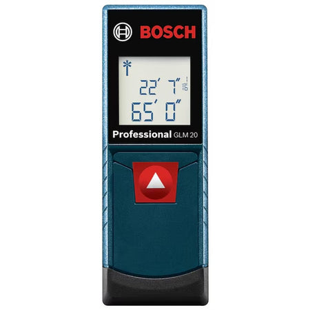 A direct front view of the handheld Bosch GLM 20 digital laser measure, showcasing the clear illuminated display reading 22 feet 7 inches, the crisp white product logo, and the ergonomic single-button layout layout.
