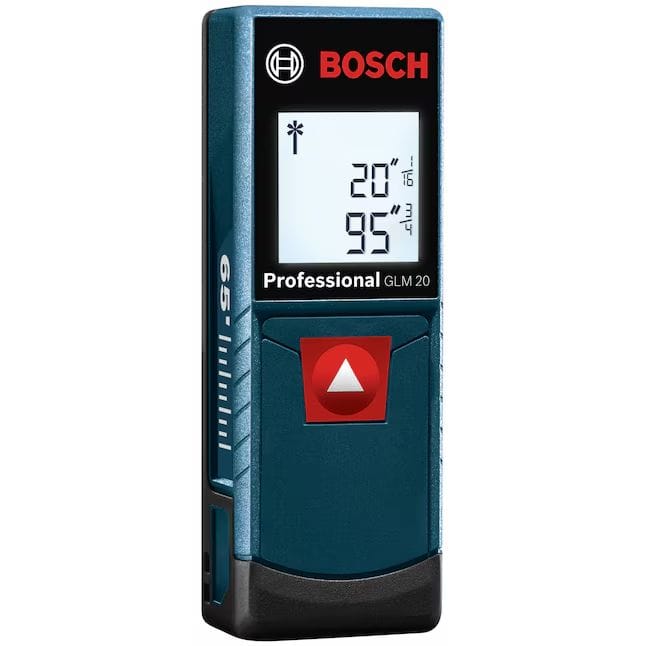A left three-quarter perspective shot of the Bosch GLM 20 handheld range finder tool, highlighting the integrated measuring scale gradients along its blue side body housing and a bright backlit digital LCD screen.