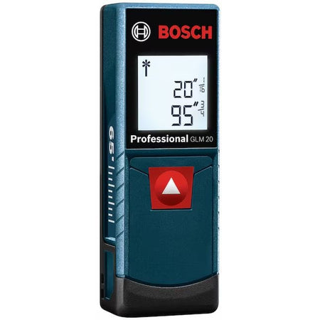 A left three-quarter perspective shot of the Bosch GLM 20 handheld range finder tool, highlighting the integrated measuring scale gradients along its blue side body housing and a bright backlit digital LCD screen.