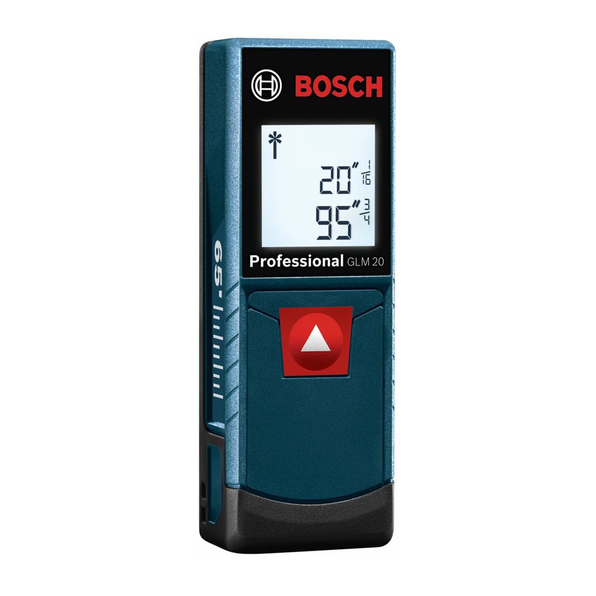 A right three-quarter perspective studio layout of the Bosch GLM 20 pocket digital measure, emphasizing the compact square footprint and portability design of the tool frame.