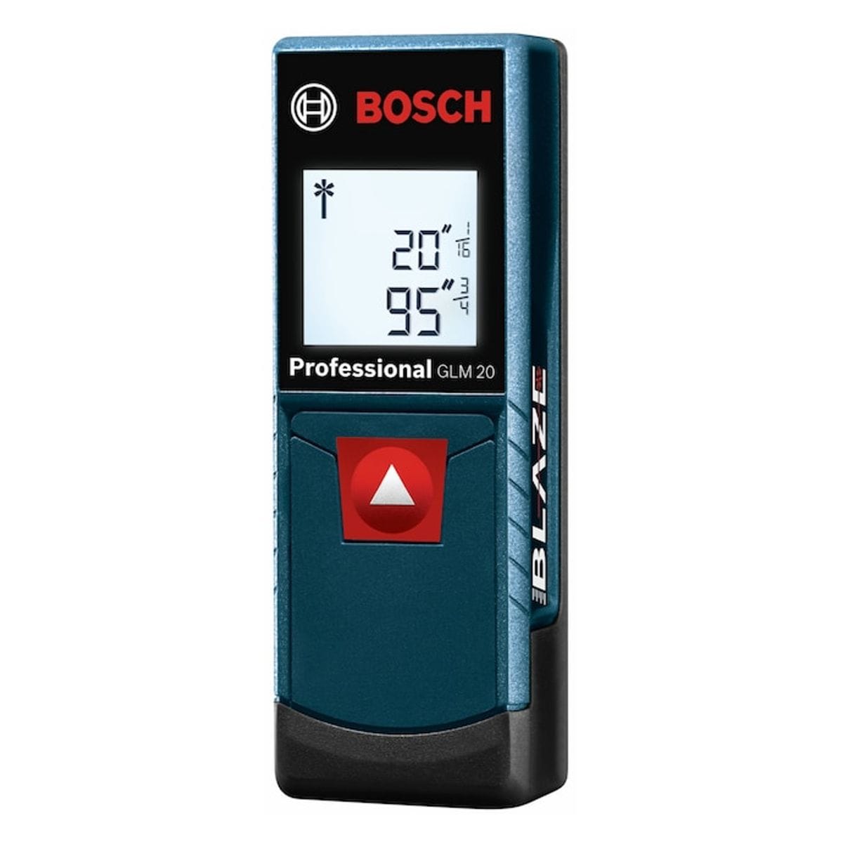A side-angle front product view of the Bosch GLM 20 electronic range meter, focusing on the high-contrast white text on its dark blue faceplate and the prominent silver BLAZE branding along the lateral edge.
