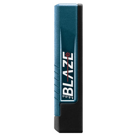 A flat profile shot of the right side of the Bosch laser distance tool, displaying the texturized blue housing mold and the graphic BLAZE logo integrated with a red laser illustration on the grip casing.