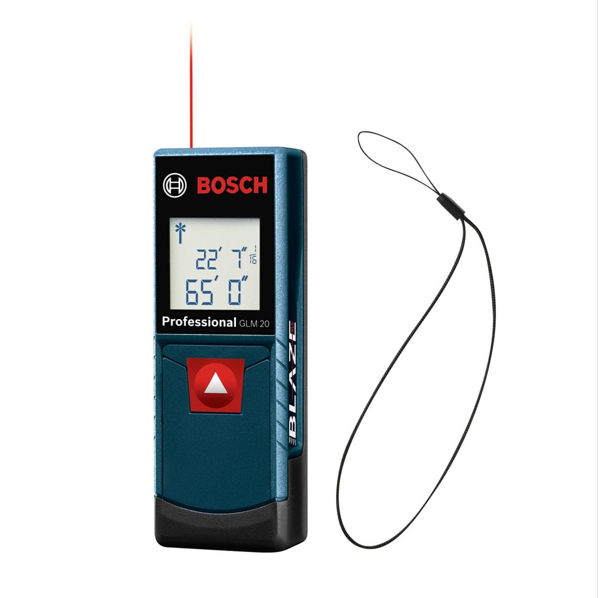 A product kit layout showcasing the front face of the Bosch GLM 20 X digital laser measure with its active red beam alongside a detached black woven loop security wrist strap.