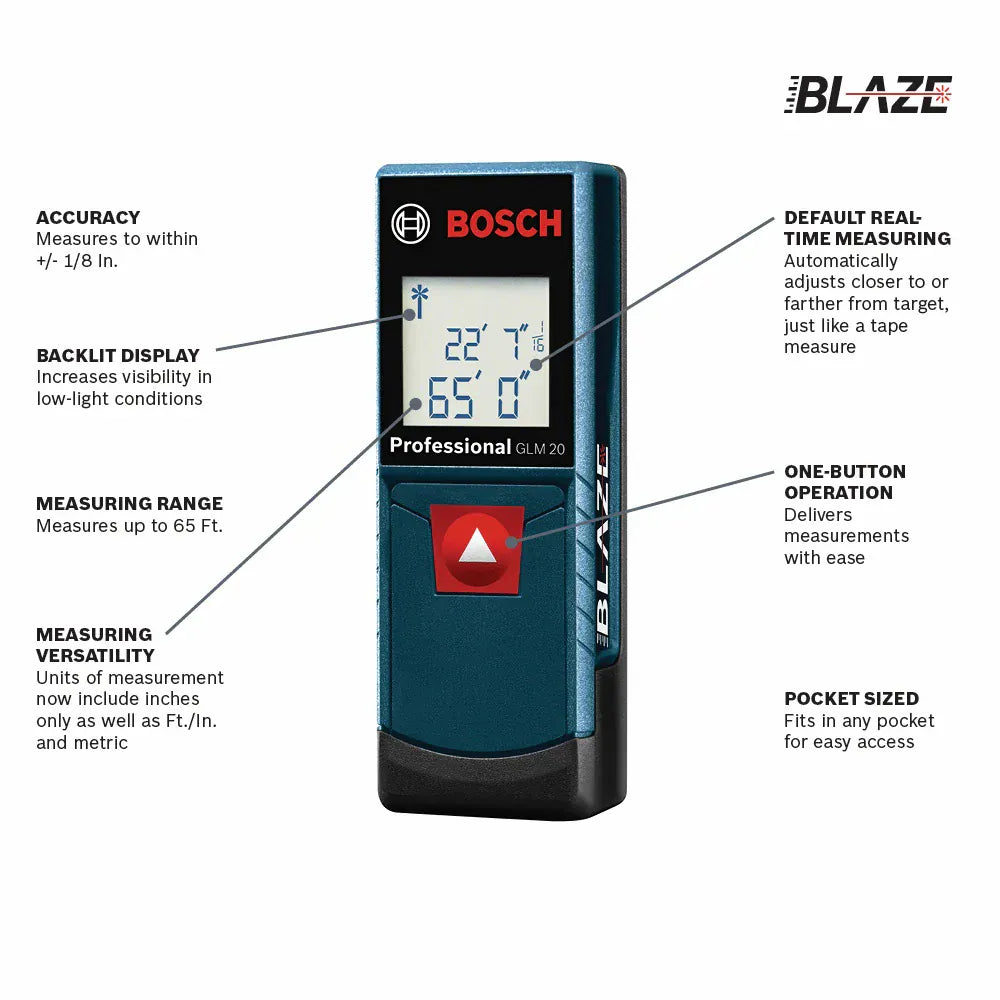 An informational product infographic of the Bosch BLAZE tool with text callouts detailing its key features: precision accuracy to 1/8 inch, backlit display for low-light conditions, 65-foot maximum measuring range, measurement system versatility, simple one-button operation, default real-time tracking, and pocket-sized accessibility.
