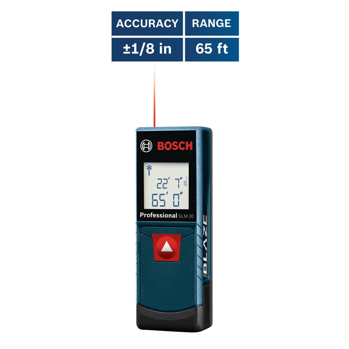 A retail e-commerce infographic graphic layout showing the front view of the Bosch digital range finder beneath dark blue analytical data tiles calling out its certified accuracy of plus or minus 1/8 inch and its 65-foot maximum operational distance range.