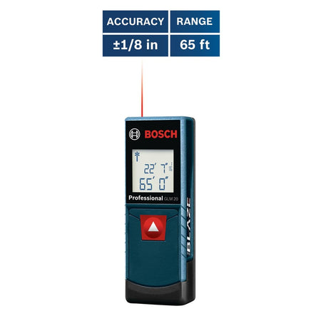 A retail e-commerce infographic graphic layout showing the front view of the Bosch digital range finder beneath dark blue analytical data tiles calling out its certified accuracy of plus or minus 1/8 inch and its 65-foot maximum operational distance range.