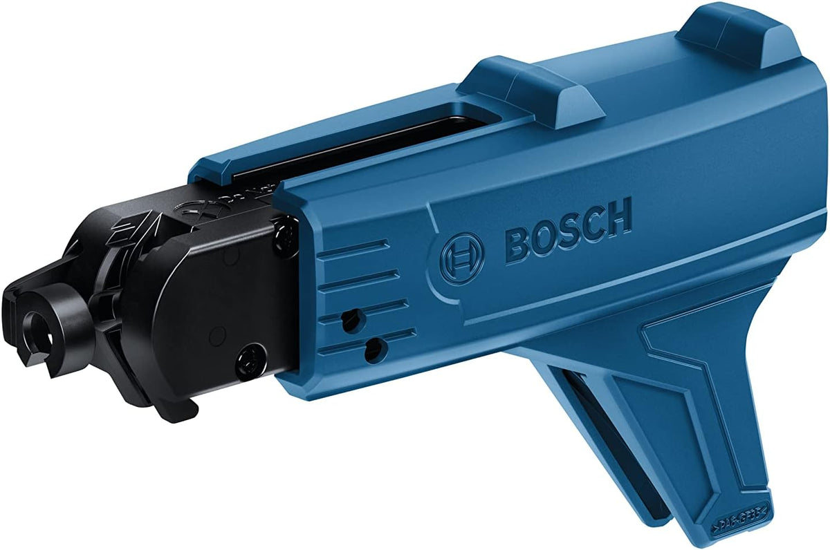 The image shows a blue Bosch GMA 55 Professional drywall screw gun attachment. The attachment has a black screw magazine at the front and the Bosch logo on its blue body.
