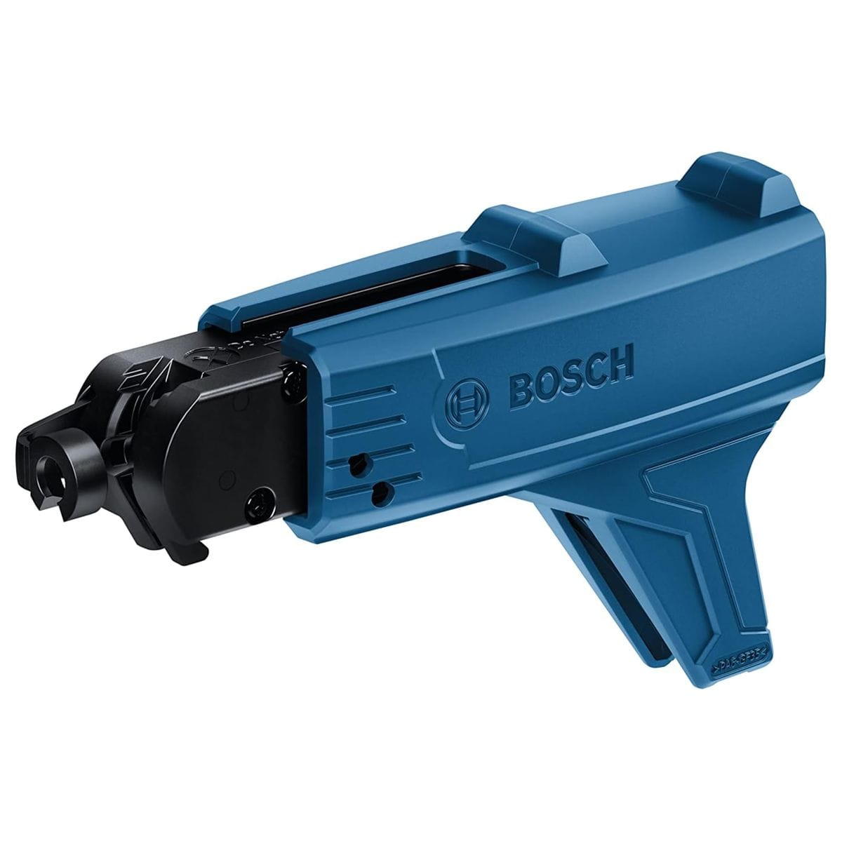 The image shows a blue Bosch GMA 55 Professional drywall screw gun attachment. The attachment has a black screw magazine at the front and the Bosch logo on its blue body.