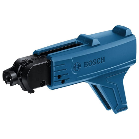 The image shows a blue Bosch GMA 55 Professional drywall screw gun attachment. The attachment has a black screw magazine at the front and the Bosch logo on its blue body.