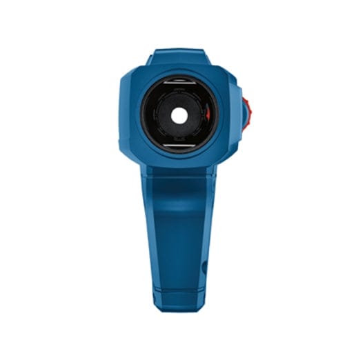 Front view of blue Bosch handheld device with circular lens or sensor. Red side accent and ergonomic grip suggest use as a scanner or measuring tool in industrial applications.