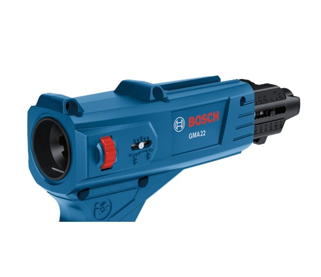 Close-up of Bosch GMA22 auto-feed attachment showing red depth control dial, adjustment sliders, and cylindrical front end. Bosch logo and model number printed on tool body.