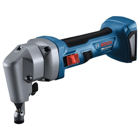 An isolated product studio three-quarter view of the complete Bosch GNA18V-16EN 18V cordless sheet metal nibbler set against a clean white background, showcasing its silver-finished cast metal cutting head housing, tool-free rotating die holder, red sliding power switch toggle, and ergonomic blue and black barrel-grip motor handle chassis.