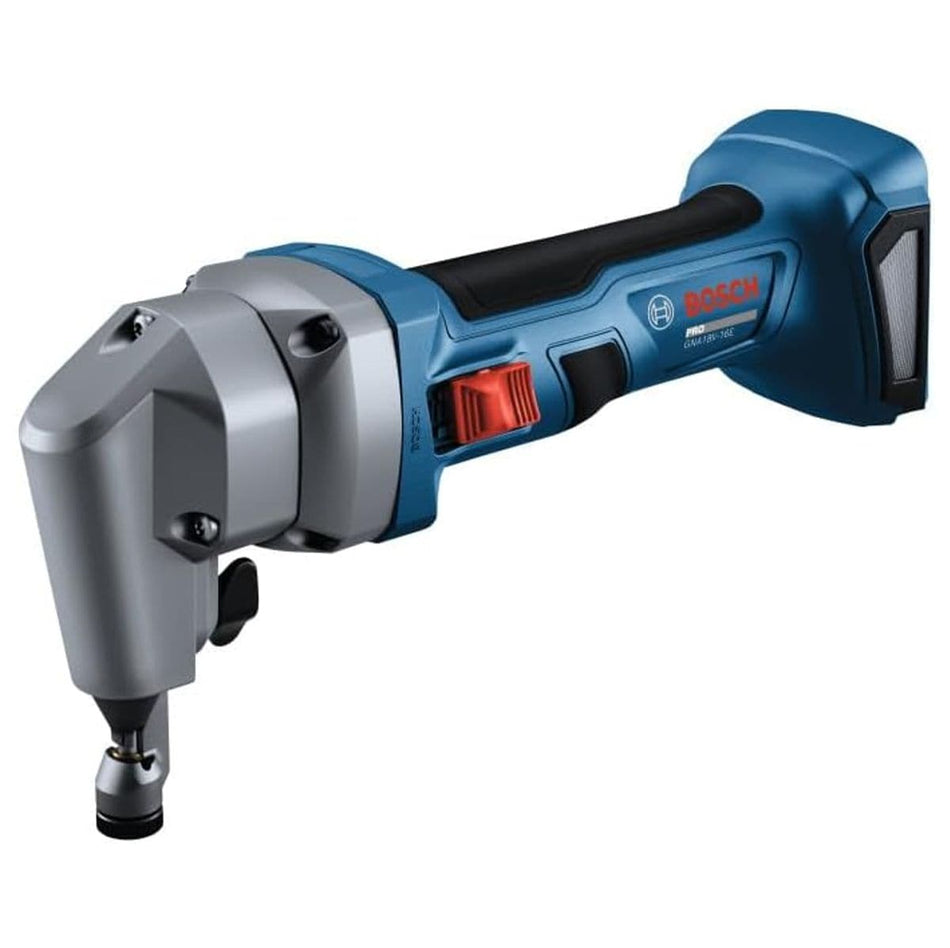 An isolated product studio three-quarter view of the complete Bosch GNA18V-16EN 18V cordless sheet metal nibbler set against a clean white background, showcasing its silver-finished cast metal cutting head housing, tool-free rotating die holder, red sliding power switch toggle, and ergonomic blue and black barrel-grip motor handle chassis.