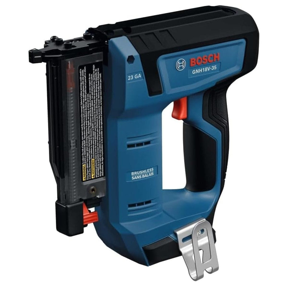 A studio product shot of the Bosch GNH18V-35 18V Brushless 23-Gauge Pin Nailer, showing its blue and black ergonomic body, 23 GA magazine, and red trigger.