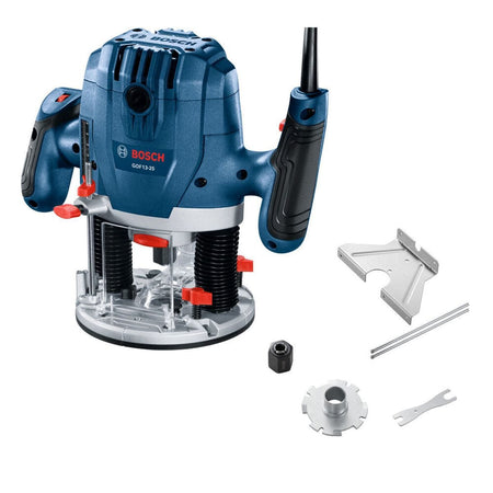 A comprehensive product catalog view of the Bosch GOF13-25 1-3/4 HP Mid-Size Plunge Router tool package isolated on a clean white background. The setup features the electric corded woodworking plunge router alongside its precision guide accessories, including a silver parallel guide fence, metal rods, a dust collection extraction hood, a centering pin, and a black collet chuck wrench.