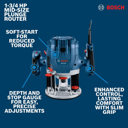 An informational feature graphic diagram mapping out the primary components of the Bosch GOF13-25 mid-size plunge router tool layout. Pointer lines laid over a deep blue backdrop highlight specific structural benefits, labeling the soft-start electronics for reduced startup torque, a micro-fine depth and stop gauge for precise adjustments, and an enhanced control slim grip housing interface.
