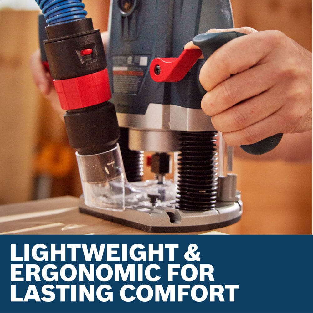 A close-up view of a craftsman's hands operating the red plunge locking lever and ergonomic side handles of the Bosch GOF13-25 electric routing machine. A transparent surface chip deflection dust hood is fixed tightly near the base collet spindle, accompanied by a high-contrast lower text banner reading Lightweight & ergonomic for lasting comfort.