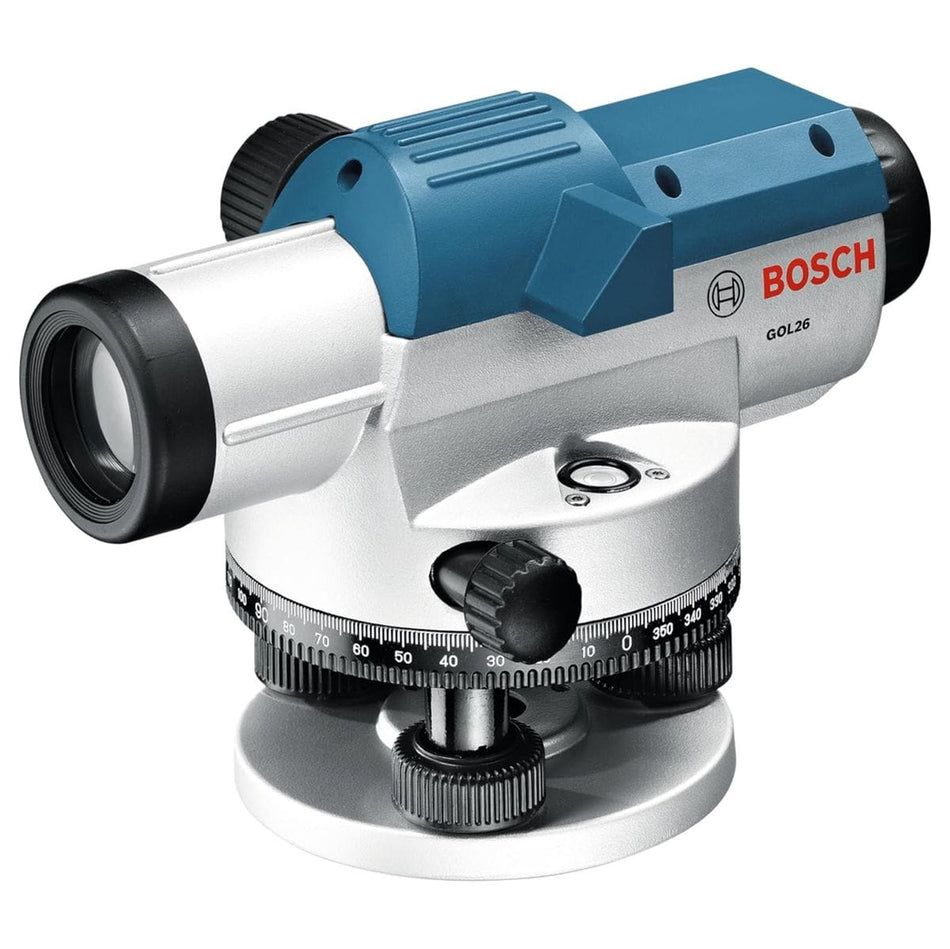 Product studio shot of the Bosch GOL26 26x automatic optical level kit surveyor tool on a clean white background, showcasing the silver metal base with adjustable leveling screws, a black 360-degree horizontal circle scale, a white circular bubble vial, and the signature blue housing cover featuring the red Bosch GOL 26 logo.