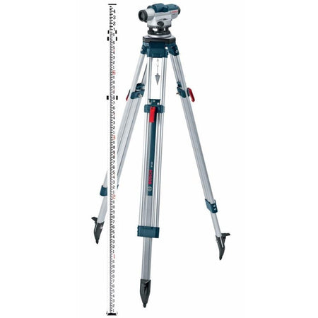 Bosch optical level mounted on tripod with vertical leveling rod; setup used for measuring elevation differences on construction sites