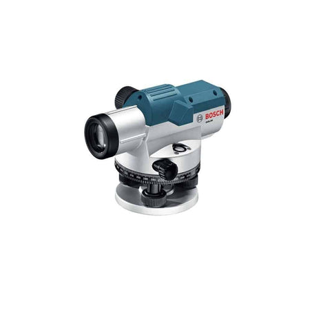 Bosch GOL 32 D optical level with telescope, leveling screws, and circular scale; designed for precision in surveying and construction.