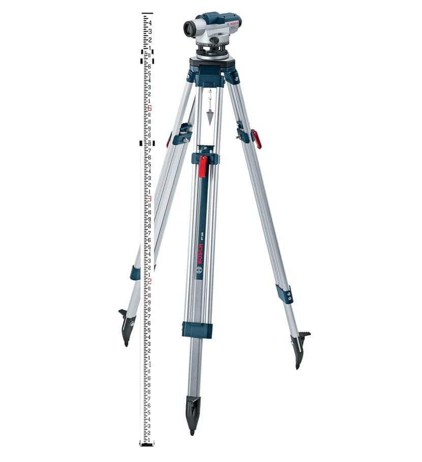 Bosch optical level mounted on tripod with vertical leveling rod; setup used for elevation measurement in construction surveying.