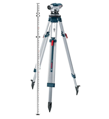 Bosch optical level mounted on tripod with vertical leveling rod; setup used for elevation measurement in construction surveying.