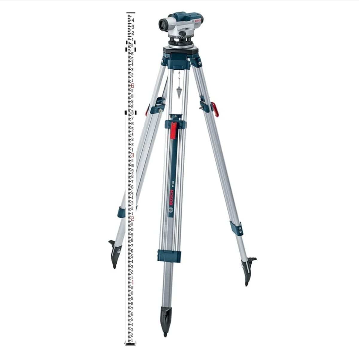 Bosch optical level mounted on tripod with vertical leveling rod; setup used for elevation measurement in construction surveying.