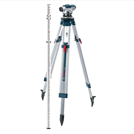 Bosch optical level mounted on tripod with vertical leveling rod; setup used for elevation measurement in construction surveying.