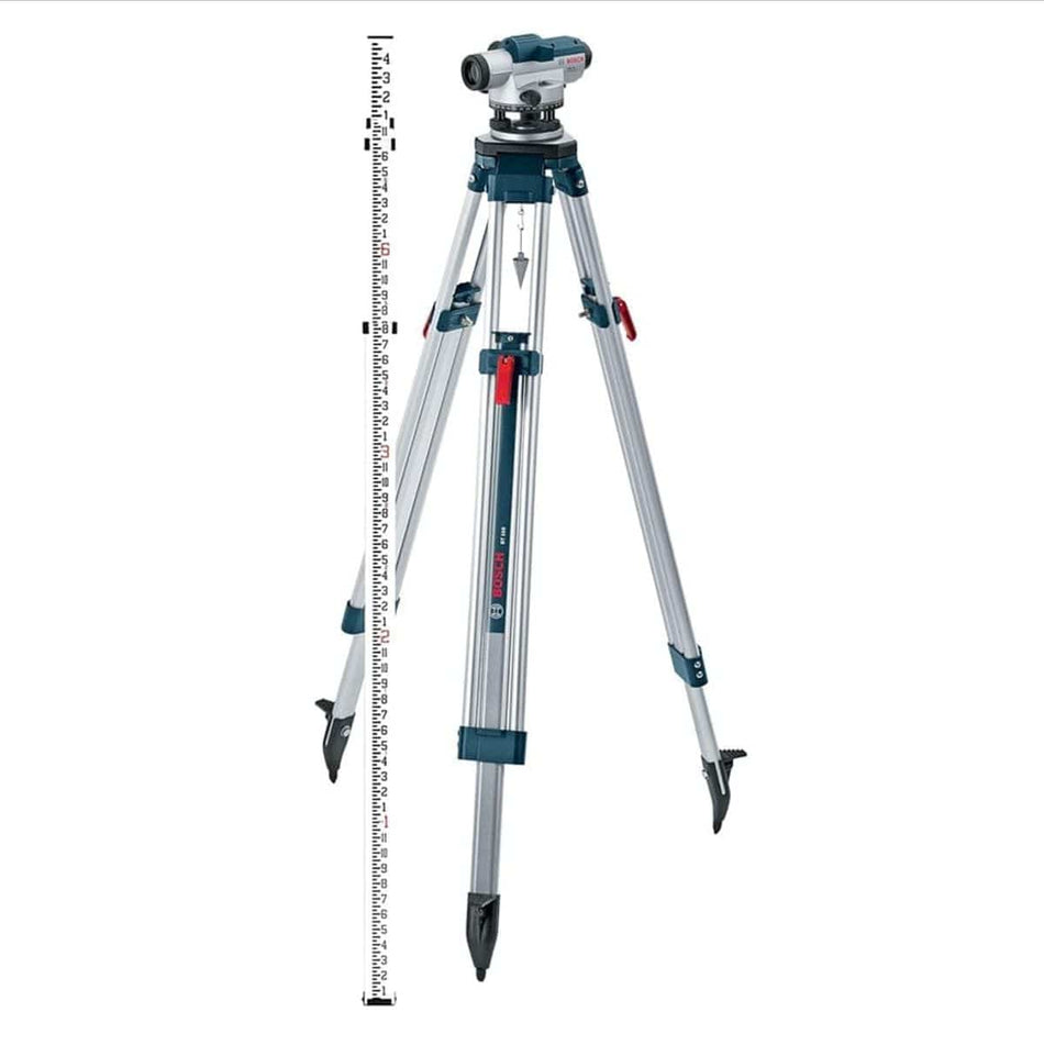 Bosch optical level mounted on tripod with vertical leveling rod; setup used for elevation measurement in construction surveying.