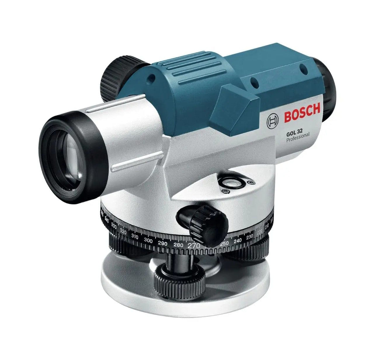 Bosch GOL 32 Professional Optical Level with telescope, circular scale, and adjustment knobs for precision measurements.