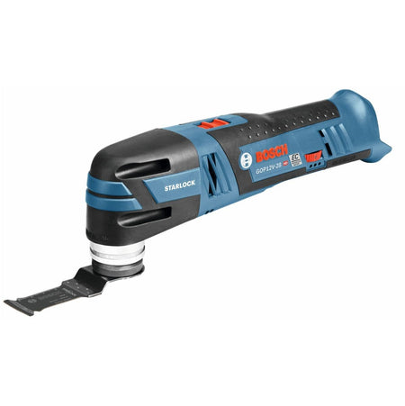 An isolated studio view of the blue and black Bosch GOP12V-28 12V Max cordless oscillating multi-tool shown with an attached Starlock plunge cutting blade against a plain white background.