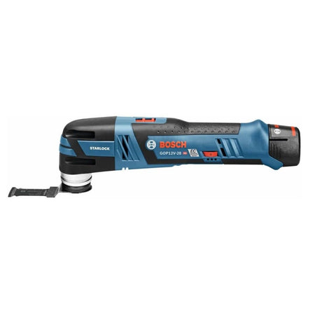 A direct side profile view of the Bosch GOP12V-28 12V Max oscillating multi-tool highlighting its slim body design, Starlock blade mounting interface, and red variable speed control layout.