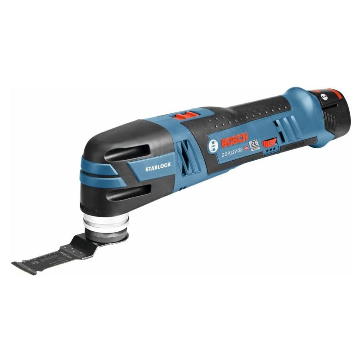 An angled perspective view of the cordless Bosch GOP12V-28 multi-tool emphasizing its ergonomic rubberized cushion grip and compact head assembly equipped with a Starlock plunge cutting blade.
