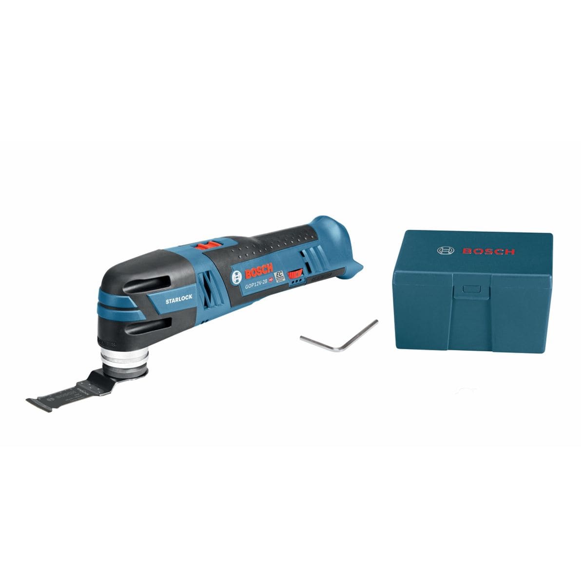 A product component display showing the Bosch 12V Max oscillating multi-tool alongside its included straight hex alignment wrench and a compact teal blue plastic accessory storage box.
