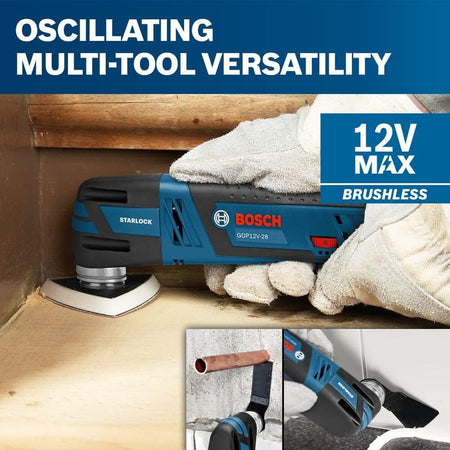 An action panel graphic titled OSCILLATING MULTI-TOOL VERSATILITY showing a tradesperson using the Bosch 12V Max brushless multi-tool to sand a wooden staircase corner with smaller insets demonstrating metal pipe cutting and tile grout removal applications.