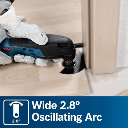 A close-up application shot titled Wide 2.8 Degree Oscillating Arc featuring a worker using the Bosch multi-tool with a segment saw blade to execute a flush cut along the base of a light wood doorjamb.