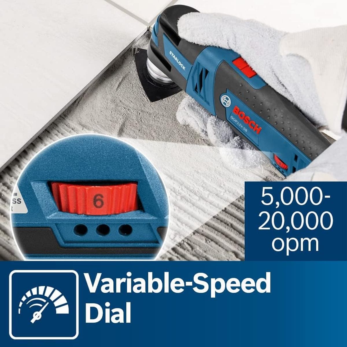An active jobsite photo titled Variable-Speed Dial showing a close-up inset of the red speed thumbwheel set to position 6 as the Bosch multi-tool is used with a scraping blade to clear mortar below a tile line.