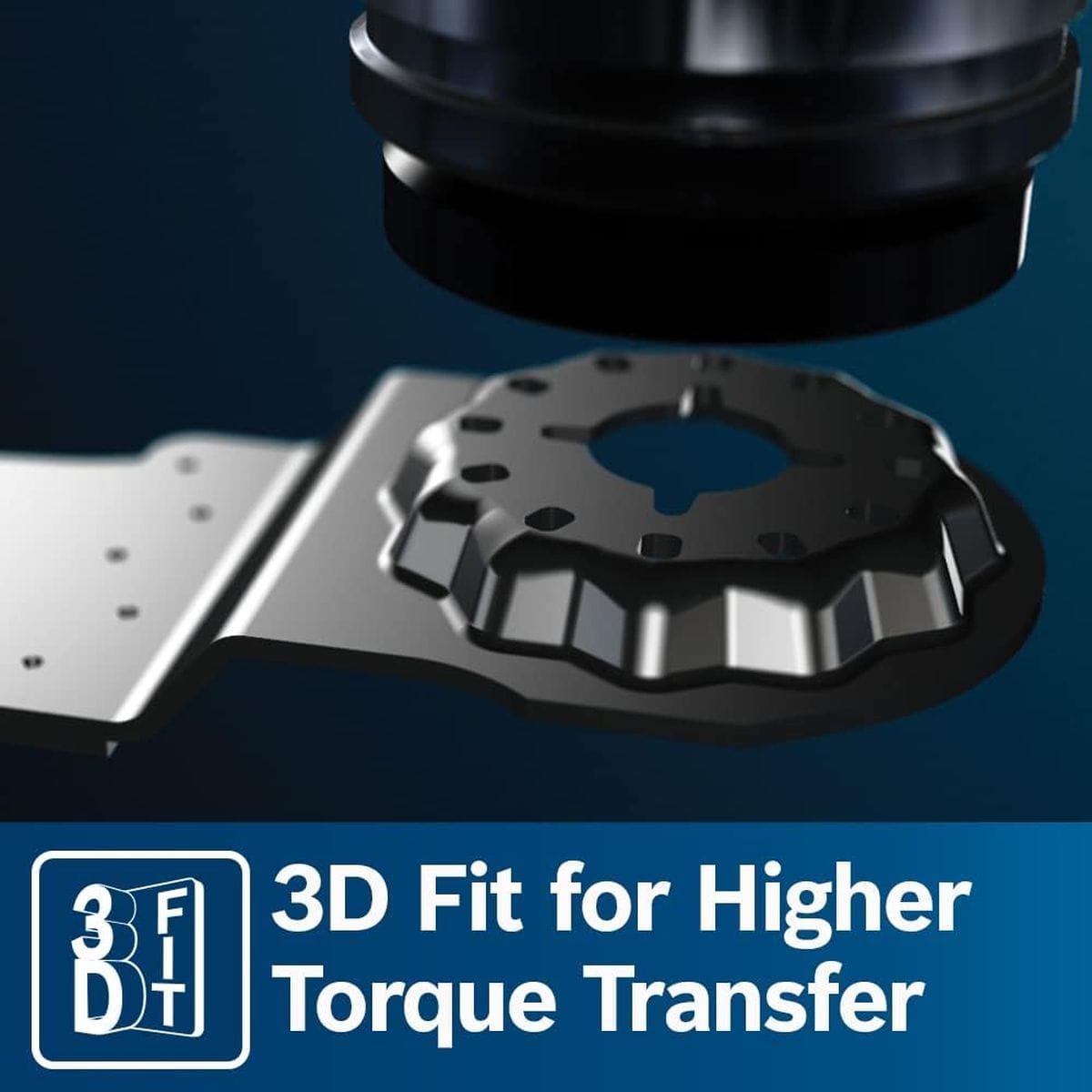 A macro close-up graphic titled 3D Fit for Higher Torque Transfer demonstrating the matching gear pattern connection between the Starlock accessory blade mount and the bottom interface of the Bosch multi-tool.