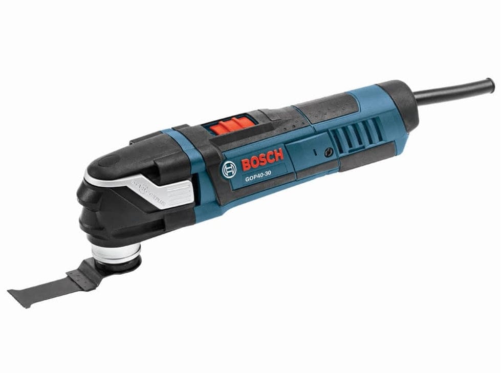 Bosch GO40-30 multi-tool with flat blade attachment and red power switch shown on blue and black body.