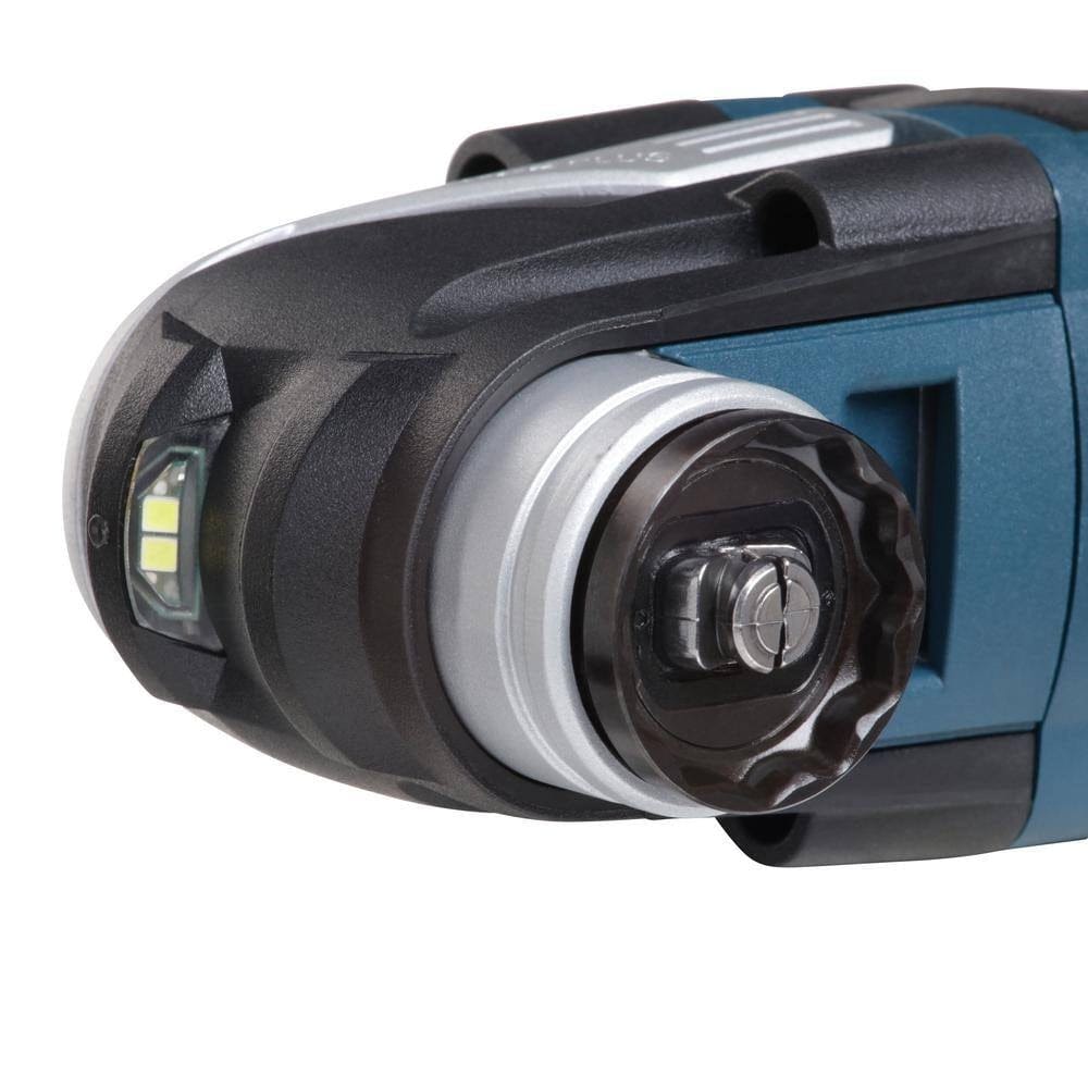 Close-up of Bosch multi-tool head showing quick-change accessory system and built-in LED work light.