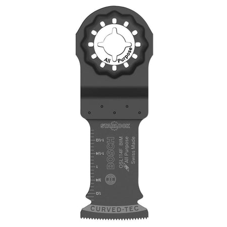 Bosch Starlock oscillating blade labeled “All Purpose” with curved cutting edge and Swiss Made marking.