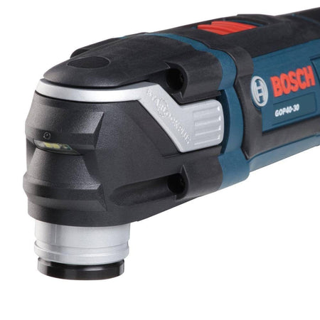 Bosch GOP40-30 oscillating multi-tool with ergonomic design and accessory holder shown on tool body.
