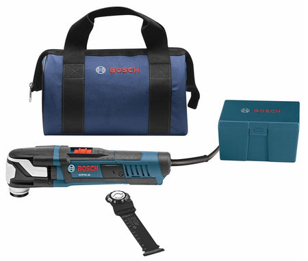 Bosch GOP55-36 multi-tool kit with carrying bag, accessory box, and blade attachment displayed on flat surface