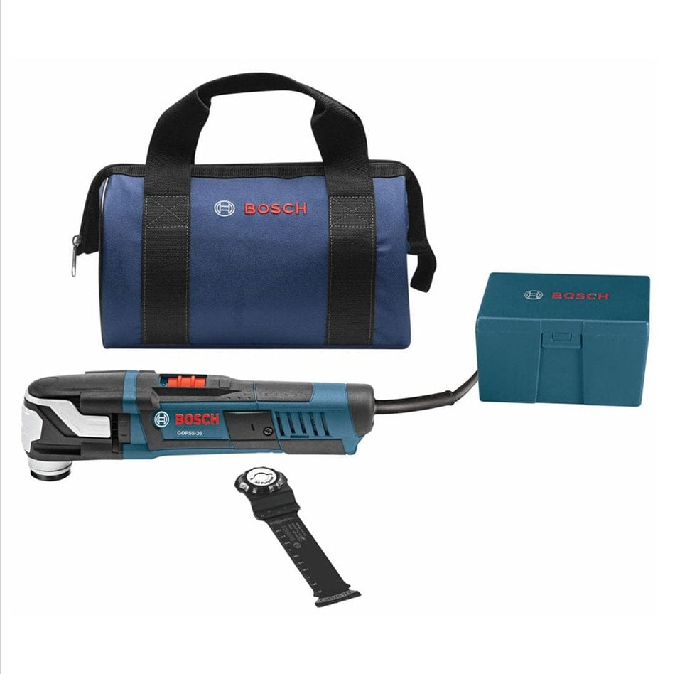 Bosch GOP55-36 multi-tool kit with carrying bag, accessory box, and blade attachment displayed on flat surface